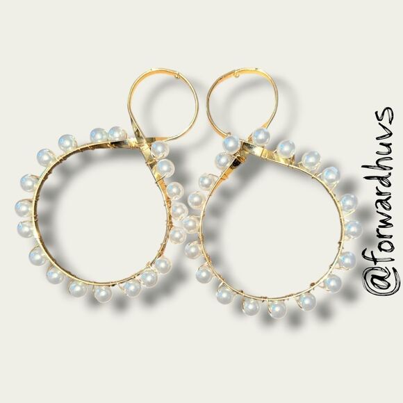 Bundle Sale 3 for $15 | Large Gold Tone Double Hoop Faux Pearl Statement Earring - Picture 1 of 6